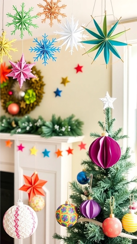 A collection of DIY paper Christmas decorations including snowflakes, stars, and ornaments.